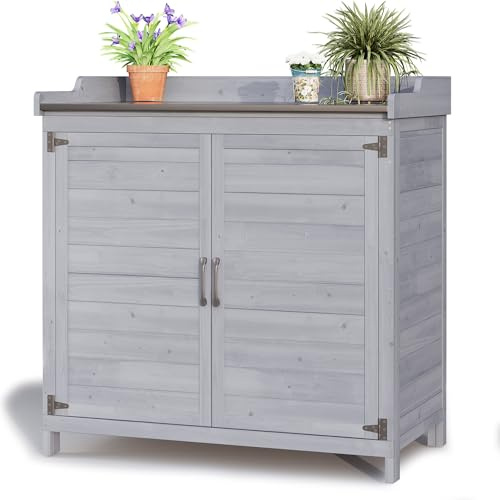 Blishom Pflanztisch mit Unterschrank, Gartenschrank mit verzinkter Arbeitsplatte & 2 höhenverstellbaren Einlegeböden, Balkonschrank für Garten, Balkon, Terrasse, 98x48x95cm (Grau)