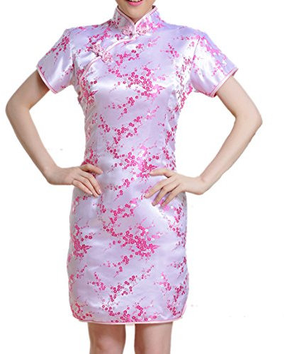 LUCK Femme Robe Chinoise Cheongsam Qipao Moulante Manches Courtes Motif Fleur en Brocart (EU 36-Tag M, Rose)