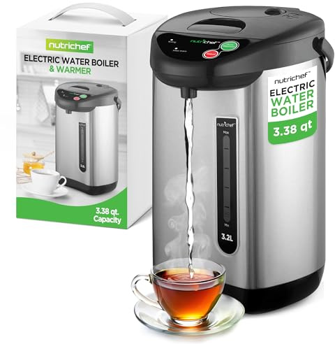 NutriChef Hot Water Urn Pot Insulated Stainless Steel,Auto & Manual Dispense,Auto Boiler,Safety Lock Shutoff 3.38 QT /3.2L - Auto Boiler Shut Off - PKWK43