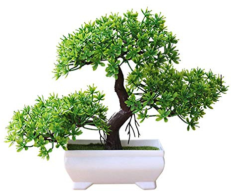 SuperglockT Künstliche Pflanzen Kunstbonsai Baum Mini Künstlicher Zeder Baum im Topf Kunststoff Zimmerpflanzen Deko für Hochzeit Büro Küche 26cm Hohe (Grün)