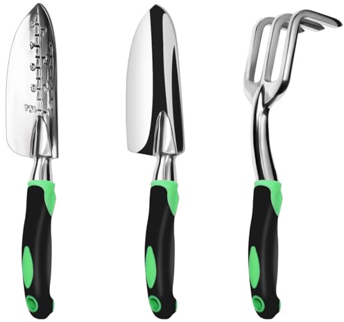 ZUZUAN Garden Tool Set, 3 Pack Aluminum Heavy Duty Gardening Kit Includes Hand Trowel, Transplant Trowel and Cultivator Hand Rake with Soft Rubberized Non-Slip Ergonomic Handle, Garden Gifts