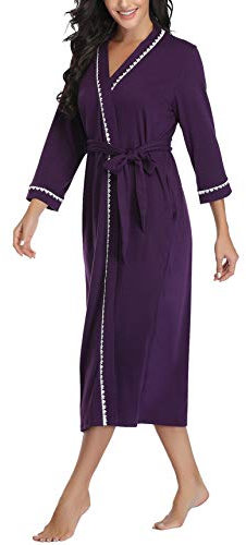 Vlazom Womens Dressing Gown Soft Kimono Robe V-Neck Long Knit Bathrobe Nightwear Sleepwear for All Seasons, Purple, L