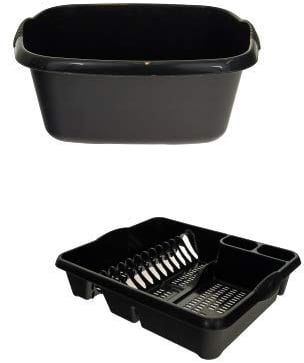 Set of 2 Plastic Kitchen Large Dish Drainer With Rectangular Washing Up Bowl - Mid-night Black (Darkish Grey)
