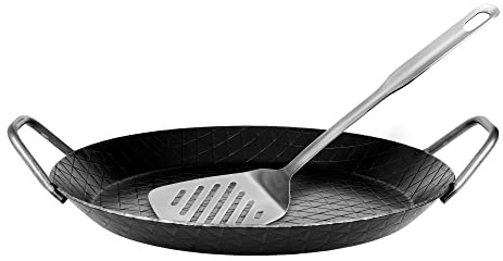 GRÄWE F400 Schmiedeeiserne Servierpfanne, Ø 32 cm, Eisenpfanne mit Wender | 400° C hitzebeständig, Pfanne aus Eisen, kratzfeste Bratpfanne, unbeschichtet, Outdoor-Cooking, induktionsgeeignet