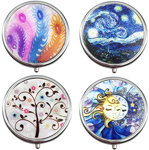 4 pcs Rund Metall Pillendose pill box,Reise Pillendose 3 Fächer Pillendöschen mit Spiegel Pillenetui Klein für Unterwegs Medizin Tablet Organizer Case Rund Pillenbox für Tägliche und Reise Verwenden