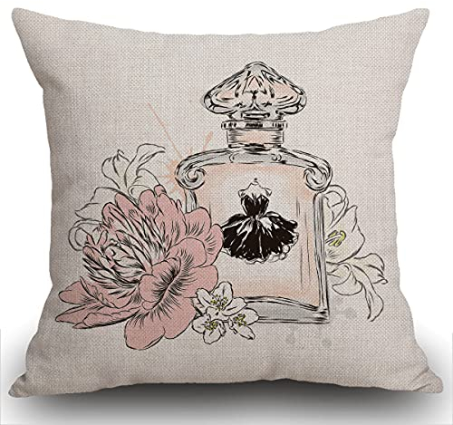 Smooffly Kissenbezug mit Parfüm-Flasche und Blumen, 45,7 x 45,7 cm, Leinen, quadratisch, für Wohnzimmer, Sofa, Couch, Bett, Kissenbezug 45 x 45 cm