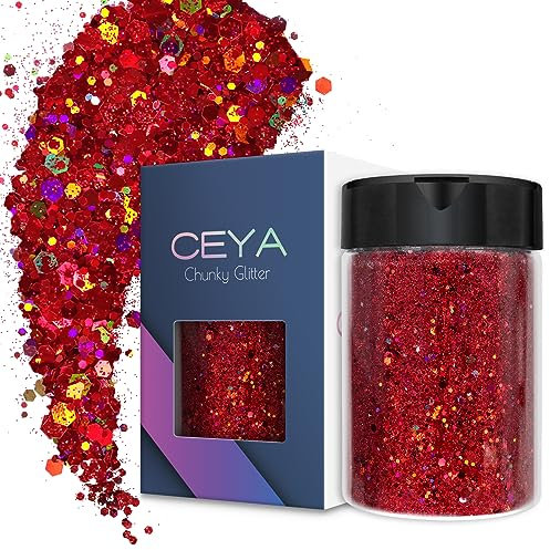 Ceya Holografischer grober Glitzer, 3.5oz/100g, weinrot, Bastelglitzer, gemischte feine Flocken, schillernde Nagel-Pailletten für Nagelkunst, Epoxidharz, Becher, Schleim, Malerei, Festival-Dekoration