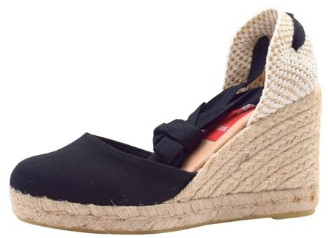 PASARELA - Sandalias Esparto/Yute Alpargata 7 Cuerdas Lazos Negro Mujer Lona