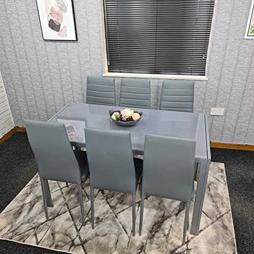 KOSY KOALA Grey Dining Table - Tempered Glass 6 Seater Dining Table with Chair - H75 x L134 x W70 cm Metal Legged Dining Room Furniture - Modern Dining Room Sets for Living Room, Kitchen