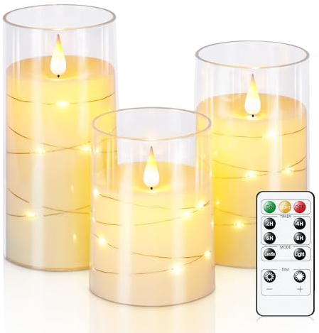 Homemory Battery Operated Flickering Candles, Flameless Electric LED Fake Unbreakable Candle Sets with Remote Timer, Embedded Fairy Lights, Ivory White, D3 x H4 5 6, Set of 3
