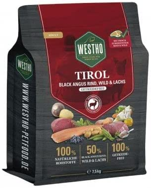 WESTHO Trockenfutter Tirol 7,5 kg Adult Senior| 50% Rind, Wild & Lachs in Lebensmittelqualität | Getreidefrei | Bei Verdauungsproblemen | Hundefutter für jegliche Rasse