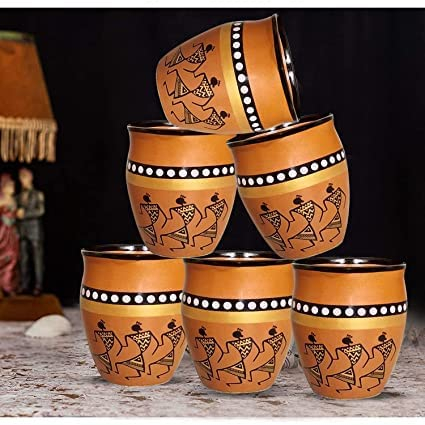 Raincart Juego de 6 tazas de té de terracota Kullad con pintura tradicional Warli, tazas de chai de Kulhad, 220 ml, diseño surtido