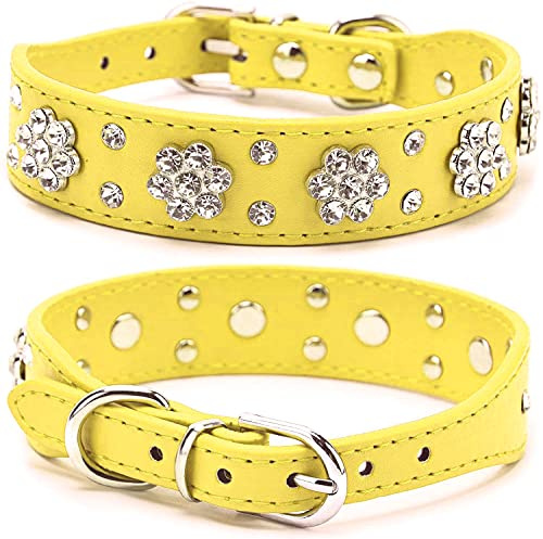 haoyueer Rhinestone Dog Collar, Cute Flower Rhinestone Cat Dog Collar Bling Collar PU Leather Collar Adjustable Sizes Small Medium Large (L, Yellow)