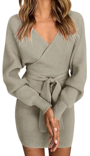 heekpek Strickkleid Damen Winter Minikleid Strick Sexy V-Ausschnitt Warm Langarm Minikleid Eng Strick Tunika Stretch Bequem Strickkleider Damen mit Gürtel