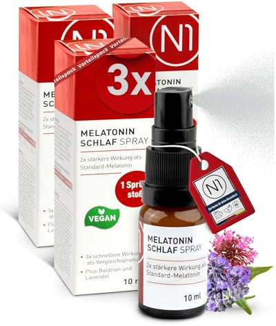 N1 Melatonin Schlaf Spray 3x10 ml - Einschlafspray mit Baldrian | Studie belegt 3 Mal schnelleres Einschlafen - 213 Tage Vorrat mit Lavendel, ohne Gewöhnungseffekt, für Reisen und unterwegs