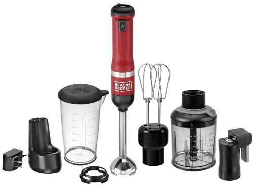 BLACK+DECKER Kitchen Wand Immersion Blender, Cordless, 4 in 1 Set, Includes Charging Dock, Whisk Attachment, Can Opener and Measuring Cup, Red (BCKM1014K06)