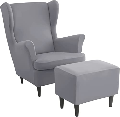 Ohrensessel überzug mit Hocker Bezug, 2 Teilig Sessel-Überwürfe+1 Teilig Ottomane Schonbezug, Beige/Grün/Rosa/Blau Ohrensessel Schonbezüge Sesselhusse Stretch Tiger Stuhlbezug mit Armlehne ( Color : #