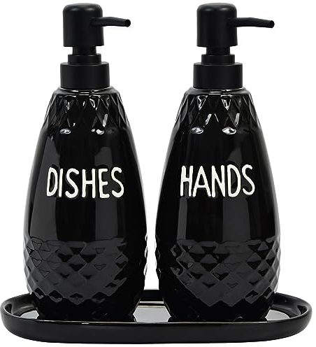 Karisky Soap Dispenser Set, Ceramic Dish Soap and Hand Soap Dispenser with Tray, Funnel, Modern Refillable Liquid Dispenser for Kitchen, Bathroom Decor, Set of 2, Black