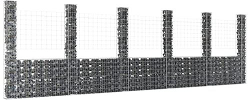 Homgoday Gabione in U-Form mit 6 Eisenpfosten 620 x 200 x 200 cm, Tor für den Außenbereich, Gartentor, Zaunpfosten, Barriere für Hof, Gartentor