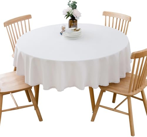 BHOMTY Runde Tischdecke aus Baumwollleinen, geeignet für Esstische, Kaffeetische, maschinenwaschbar, weiß, Durchmesser 180 cm