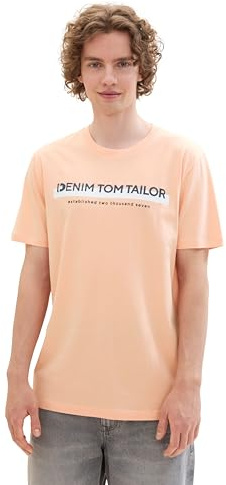 TOM TAILOR Denim Herren Slim Fit T-Shirt mit Logo-Print aus Baumwolle, light apricot, XXL