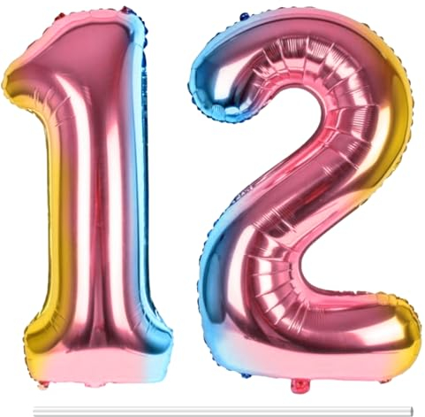 LAPONO Luftballons Geburtstag Zahl 12 Bunt, XXL Folienballon Zahlen 1 und 2 Riesen Helium Ballons 12 Jahre Geburtstagsdeko für Junge, Mädchen 10. Regenbogen 21. Kindergeburtstag Jubiläum Party Deko