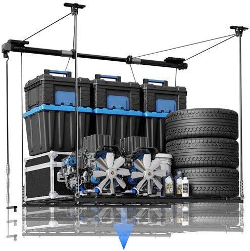 FLEXIMOUNTS GL1 Overhead Garage Lifting Storage Rack, 4x4 Ft Heavy-Duty Metal Garage Ceiling Rack, Adjustable Organization System With 71''L Axle, 350lbs Weight, Black
