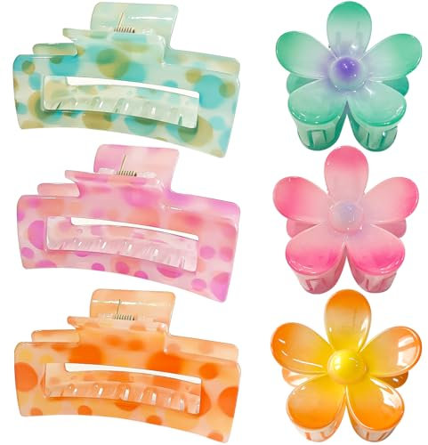 GQLV Pinzas para el cabello gruesas/finas, 3.35 pulgadas, antideslizantes, grandes, lindas, cuadradas, pinzas de pelo de flores medianas de 2.36 pulgadas para mujeres/niñas, accesorios de peinado para