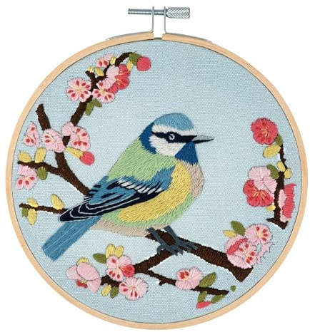 Trimits Embroidery Kits - 15cm 6 Embroidery Beginners Kit, Cross Stitch Kits for Adults, Starter Set with Bamboo Hoop, Fabric, Threads, Needle & Backing - Bird Blossom