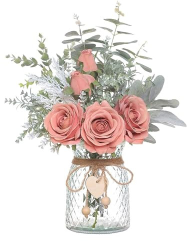 UIYIHIF Flores Artificiales con Jarrón, Rosas de Seda en Jarrón, Arreglo de Flores Artificiales con Jarrón de Cristal, Rosa Sintética para Decoración, Centro de Mesa (Pinks)