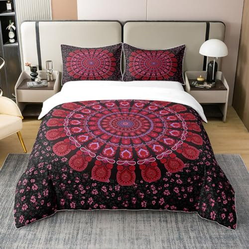 Loussiesd Mandala Bettwäsche Set Boho Bohemia Blumen Rose Indisch 2 Teilig Bettwäsche Set 135x200cm 100% Baumwolle Set Kinder Junge Mädchen Weich Bequem Betten Set inkl.1 Kissenbezüge 80x80 cm,Rot