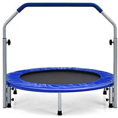 GOPLUS Fitnesstrampolin Indoor, φ101cm Mini Trampolin mit höhenverstellbarer Haltegriff, klappbares Kindertrampolin bis 150kg belastbar, Gartentrampolin für Erwachsene, Jumping Fitness (Blau)