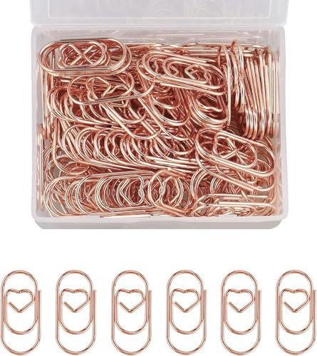 Lot de 140 trombones en forme de cœur or rose avec boîte transparente pour trombones, bureau, salle de classe