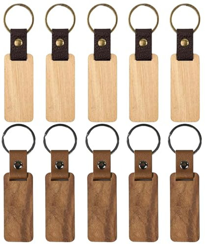 10 PCS Schlüsselanhänger Holz Rohling, Leder Holz Schlüsselanhänger, Schlüsselanhänger Buch für Lasergravur, Schlüsselanhänger Blanko DIY Verschiedene Holzanhänger für Malerei Geschenke Dekoration
