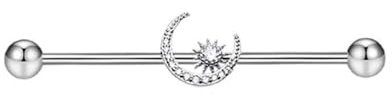 Niaspi 14G Moon Industrial Barbell Earrings for Women Girls Stainless Steel Sun Moon Cartilage Helix Piercing Earrings Industrial Straight Bar Barbell Body Piercing Jewelry(Silver)
