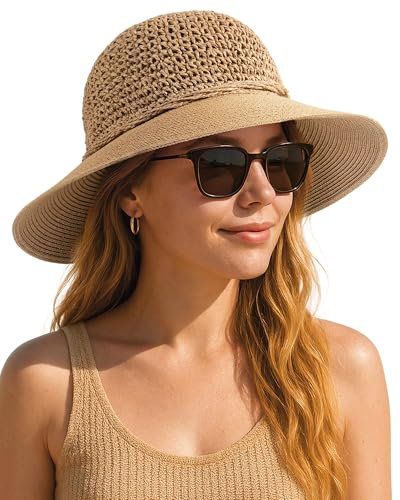 FURTALK Beach Hats for Women Summer Straw Sun Hat Crochet Wide Brim UPF50+ Foldable Packable, Khaki, L-XL