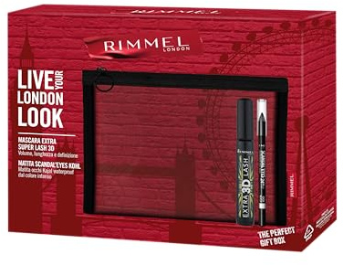 Rimmel London Cofanetto Live Your London Look, Pochette con Mascara Extra Super Lash 3D e Matita Occhi Scandal'Eyes Kohl Black Waterproof