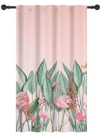 YONGFOTO 107x160cm Vorhänge mit Cartoon-Tieren und Stangentasche Tropisch Rosa Flamingo und Blätter Lichtfilterung Fenstervorhänge mit Schlaufe hinten Für Kinderzimmer Kindergarten