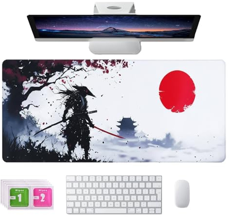 Japanische Gaming Mauspad XXL 800x300 mm, Große Schreibtischunterlage mit 5 Wattepads Vernähte Kanten Wasserdicht Anti-Rutsch Unterseite aus rutschfestem Gummi Verbessert Präzision und Geschwindigkeit