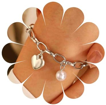 Cybche Vintage Heart Pearl Bracelet Gold Chunky Paperclip Link Chain Bracelet Puffy Heart Love Pendant Bracelets Round Pearl Bead Dangle Hand Chain Anklet Wrist Jewelry for Women