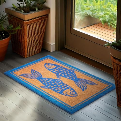 BRUBAKER Fußmatte für Außen und Innen - Fische Blau - 45 x 75 cm - Braun | Schmutzfangmatte aus 100% Kokos - Fußabtreter Wetterfest und rutschfest - Antirutsch Türvorleger für Haustür und Eingang