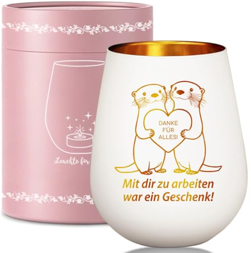 Windlicht Glas mit Geschenkbox, Otter mit Herz Danke Abschiedsgeschenk für Kolleginen Kollegin Kollegen zum Abschied Renteneintritt Ruhestand Jobwechsel Geschenk, Teelichthalter mit Spruch