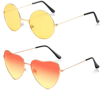 fshxj 2 Paar Hippie Sonnenbrillen,Vintage Goldrahmen Mit Farbigen Linsen,Retro 70er Jahre Stil,Robust Und Leicht,FüR Jugendliche Herren Damen Erwachsene Party Urlaub Tagesgebrauch