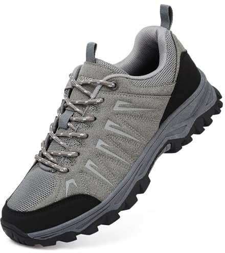 HaloTeam Trekking Shoes Mens Outdoor Travelling Walking Shoes Non-Slip Lace-up Hiking Boots,Grey,10 UK