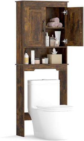 COSTWAY Over Toilet Storage Unit, Freestanding Bathroom Space Saver with 2 Doors and Adjustable Shelf, Wooden Above The Toilet Cabinet Laundry Organizer Rack (Rustic Brown)