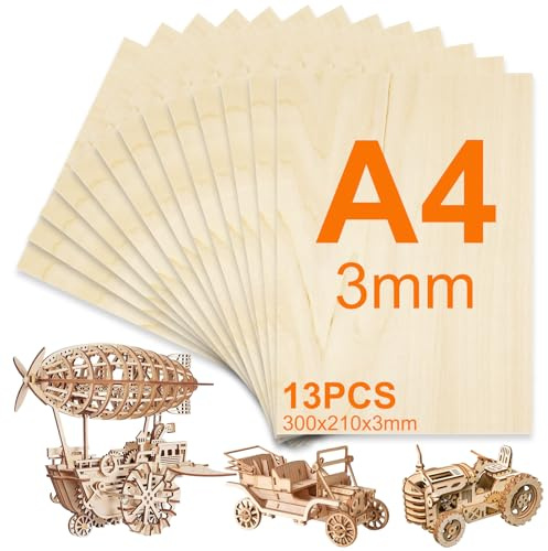 TOSUTO 13 Piezas Madera Contrachapada 3mm,Madera de Balsa Fina 30 x 21 cm,Tablero Contrachapado de Tilo A4,Sin Terminar Tablero Madera para Corte por Laser,CNC Router,Modelado,Calado,Manualidades