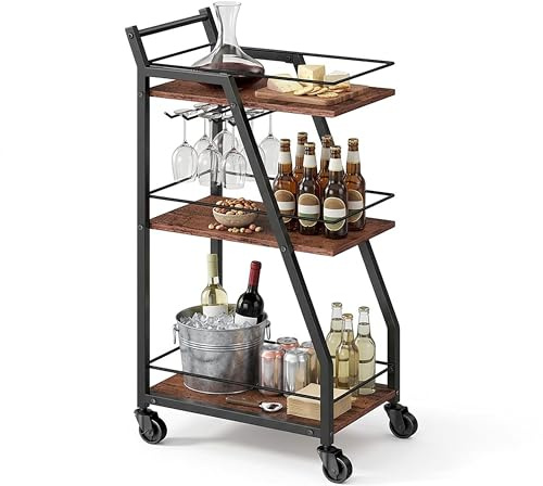 Relaxdays Küchenwagen, 3 Ebenen, Gläserhalter, Industrial, Rollwagen Küche, HBT 83x39x29 cm, Servierwagen, braun/schwarz