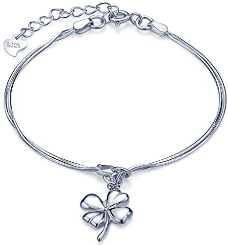 Unendlich U Glücklich Vierblättriges Kleeblatt Mädchen Charm-Armband 925 Sterling Silber Doppel Armkette Verstellbar Armkettchen, Silber