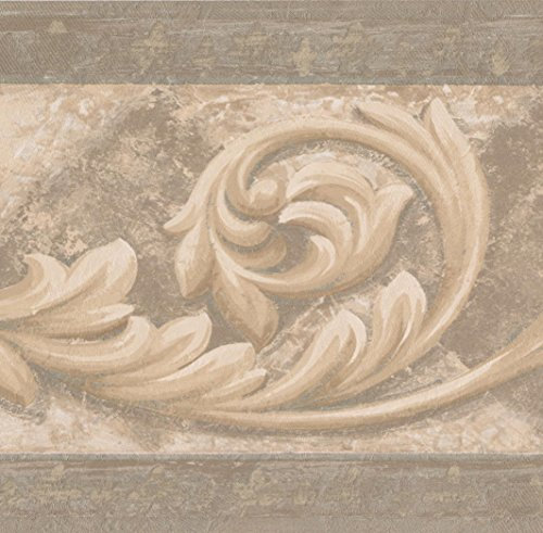 Beige Brown Vine Damask Victorian Wallpaper Border Vintage Design, Roll 15' x 7''