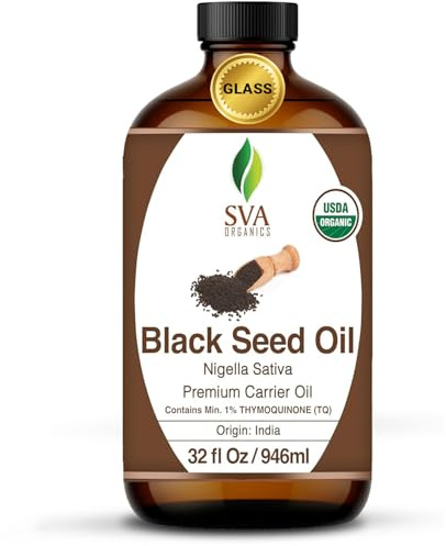 SVA Organics Aceite de semilla de comino negro certificado por USDA, orgánico, puro y natural, sin hexano, sin OMG, botella de vidrio de aceite de grado terapéutico 32 Fl Oz (paquete de 1)